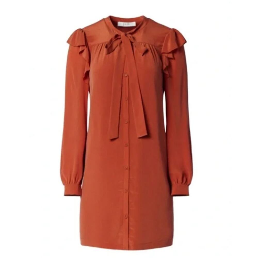 Joie ELOISE 100% Silk Button-Up Ruffle Bow Shirt Mini Dress in Spice M NWT $378